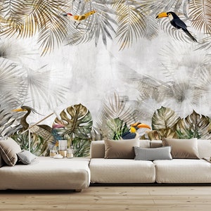 Tropical Golden and Green Leaves in a Jungle Background Wallpaper, Peel and Stick Leaf Wallpaper, Removable Botanical Bathroom Wallpaper