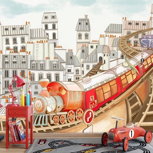 Carta da parati murale Train in the Town TRENO Poster / Interni per bambini / Poster da parete / Parete per cameretta dei bambini / Stampa acquerelli