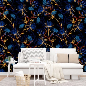 Dark Blue Floral Peel and Stick Wallpaper: Botanical Bedroom Decor