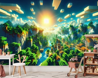 Pixel Landscape Wallpaper: Sunny World Peel and Stick