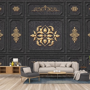 Dark Luxury Background With Vintage Frames and Gold Ornament Peel And Stick - Non Woven