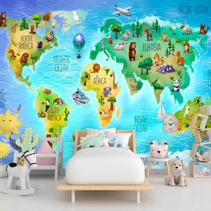 Tapete für Kinderzimmer, Weltkarte, Kinderzimmer Wandbild, 3D Wandbild, leicht abnehmbar und entfernbar