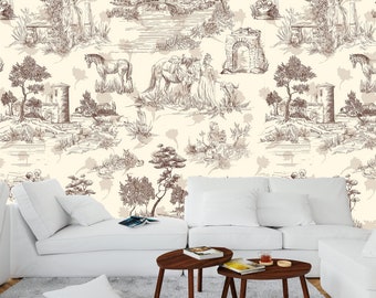 Beige Toile de Jouy Wallpaper: Vintage French Countryside, Peel and Stick