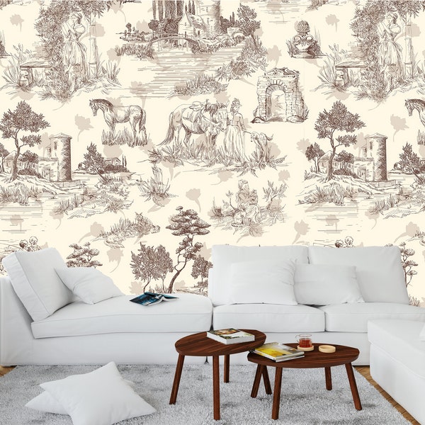 Carta da parati beige Toile de Jouy: campagna francese vintage, stacca e attacca