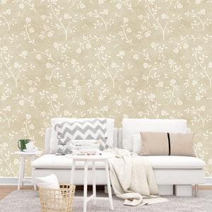 Beige Floral Wallpaper: Vintage Farmhouse Peel and Stick