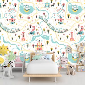 Vliesbehang Cards of the Fairytale Kingdom With a Ship at Sea Behang Peel-and-Stick