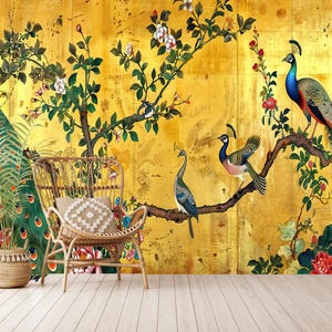 Carta da parati Chinoiserie dorata, carta da parati con uccelli vintage, carta da parati adesiva, carta da parati murale asiatica, carta da parati murale con pavoni, carta da parati con uccelli e fiori