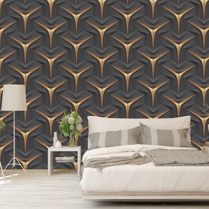 Gold Lines Geometric Shape Wallpaper - Grey Background - Removable Wallpaper - Peel and Stick - Geometric Pattern Wallpaper - Wall Decor