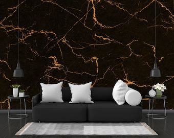 Black Marble Wallpaper Mural: Golden Veins, Peel and Stick Wall Art