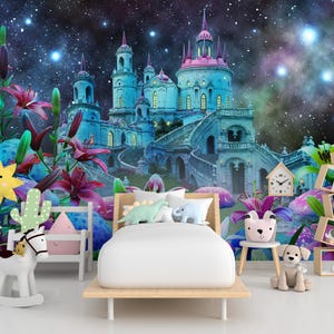 Papier peint forêt enchantée pour chambre d'enfants, papier peint fantastique pour chambre d'enfants, papier peint champignons dans la forêt de contes de fées, papier peint forêt
