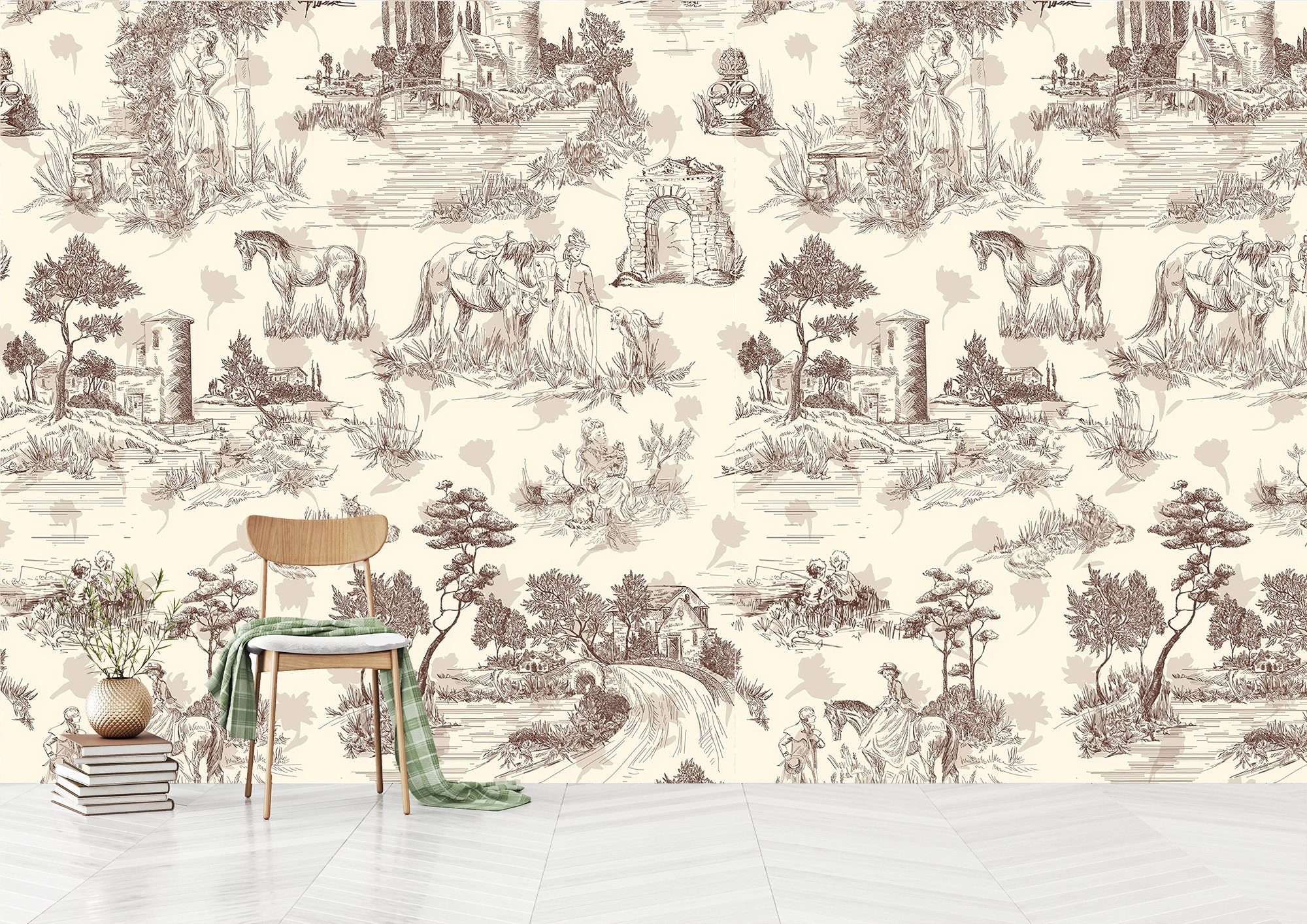 Beige Toile De Jouy Wallpaper Vintage French Countryside Peel And beige-toile-de-jouy-wallpaper-vintage-french-countryside-peel-and