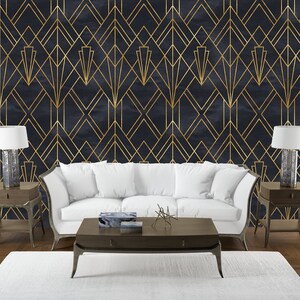 Motif abstrait géométrique Golden Line - Papier peint chic noir et or pour les maisons modernes / Papier peint autocollant / Papier peint intissé