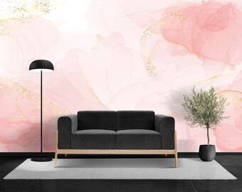 Rose Blush Liquid Watercolor With Golden Lines, Dots and Stains Wallpaper Peel And Stick - Non Woven