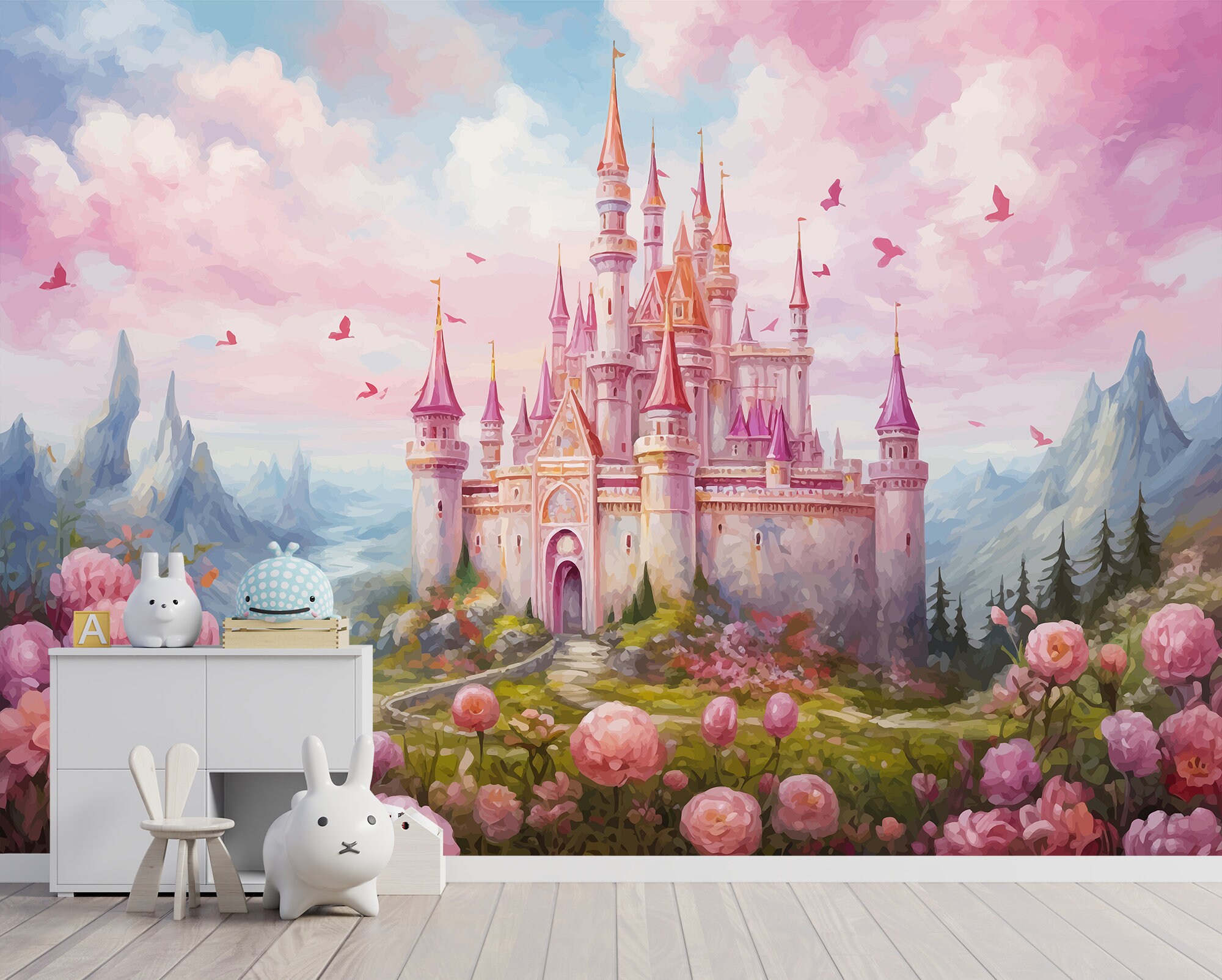 Pink Princess Castle Wallpaper Mural: Kids Room Peel and Stick - Etsy