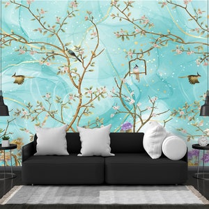 Chinoiserie Wallpaper | Peacock with Flower Wall Mural | Vintage Chinoiserie Wallpaper Peel and Stick