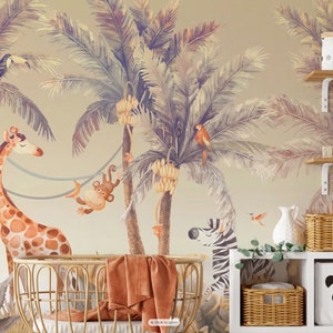 Kids Wallpaper Peel and Stick, Safari Wallpaper, Watercolor Safari Animals Wall Mural, Removable Wallpaper, Kids Room Wallpaper