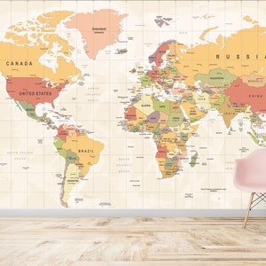 Beige World Map Wallpaper World Map Wallpaper Office Wallpaper | Self Adhesive wallpaper | Removable Wallpaper |Peel and Stick Wallpaper
