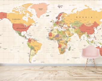 Carta da parati con mappa del mondo beige: murale autoadesivo e rimovibile
