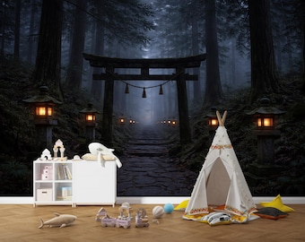 Misty Japanese Forest Torii Gate Mural, Dark Moody Zen Nature Wallpaper (Peel and Stick)