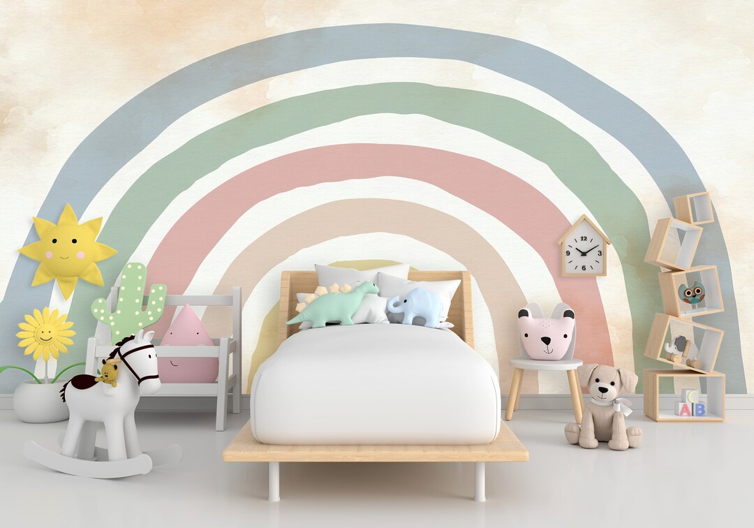 Pastel Rainbow Wall Paper Kids Nursery Boho Rainbow Pattern Wall Mural ...