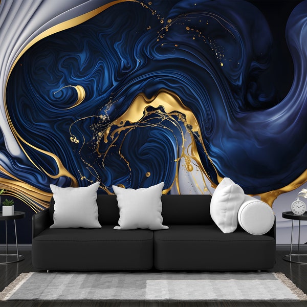 Blue Marble And Gold Wallpaper Peel And Stick - Non Woven, Indoor Wall Cladding