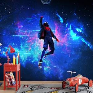 Papel tapiz de Spider Verse del espacio, papel tapiz de Spiderman de dibujos animados para sala de juegos de niños, mural de pared de Spiderman para guardería, decoración extraíble para niños