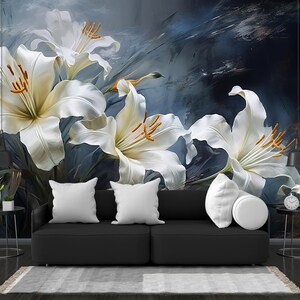 Floral Wallpaper Mural: Abstract Gray Flowers with Gold Accents