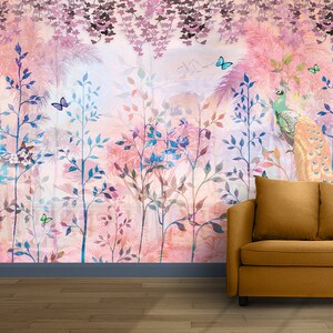 Chinoiserie Colorful Trees and Birds Wallpaper Wall Mural Vintage Art Wall Decoration Peel and Stick Mural