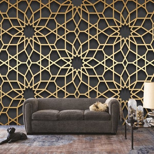 Islamic Golden Seamless Oriental Volumetric Pattern With Shadow, Wallpaper, Peel and Stick, Self Adhesive Wallpaper