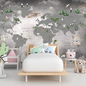 Papel pintado extraíble, mapa del mundo con animales, habitación infantil, autoadhesivo o vinilo