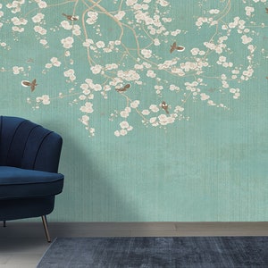 Teal Chinoiserie Wallpaper: Flowers and Birds Wall Mural (Peel and Stick or Traditional)