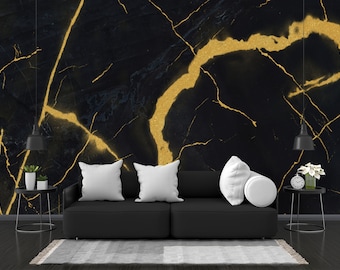 BLACK Marble With GOLD Details Adhesive Marble Wallpaper, Pretty Living Room Decor, Adhesive Wallpaper, Marble Wallpaper, Customizable Mural