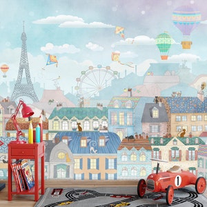 Kinder Aquarell Design Eiffelturm Wallpaper schälen und aufkleben | Leicht Abnehmbares Kinderzimmer Rosa Paris Ansicht Wandbild