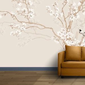 Chinoiserie Magnolia Flowers and Birds Wallpaper, Peel and Stick Mural Poster Classic Art Living Room Bedroom Self Adhesive Wall Poster