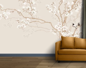 Chinoiserie Magnolia & Birds Tapet - Skalbar väggmålning
