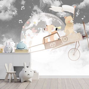 Kids Wallpaper | Cute Animals on the Moon Wall Mural | Kids Peel and Stick Wallpaper