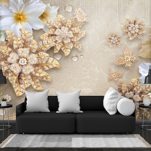 Floral Brooches Wallpaper: Embroidered Beige Peel and Stick