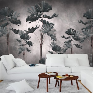 Tropische Design Tapete, grafisches Wandbild, schwarz und weiß, selbstklebend, Schälen und Aufkleben oder Vinyl