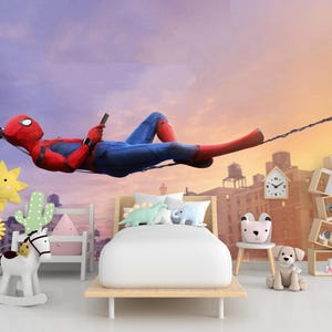 Papier peint Spiderman pour chambre d'enfant, décoration murale super-héros, décoration murale pour chambre d'enfant, papier peint amovible pour tout-petit Spiderman avec des amis