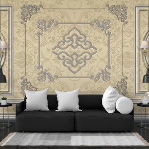 Frames And Sconces On a Beige Ornamental Wall Peel and Stick / Nonwoven Wallpaper