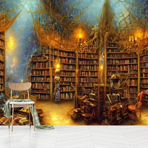 魔法の本がいっぱいの古いファンタジー図書館、剥がせる壁紙、洗える壁紙、壁画、剥がして貼る壁紙