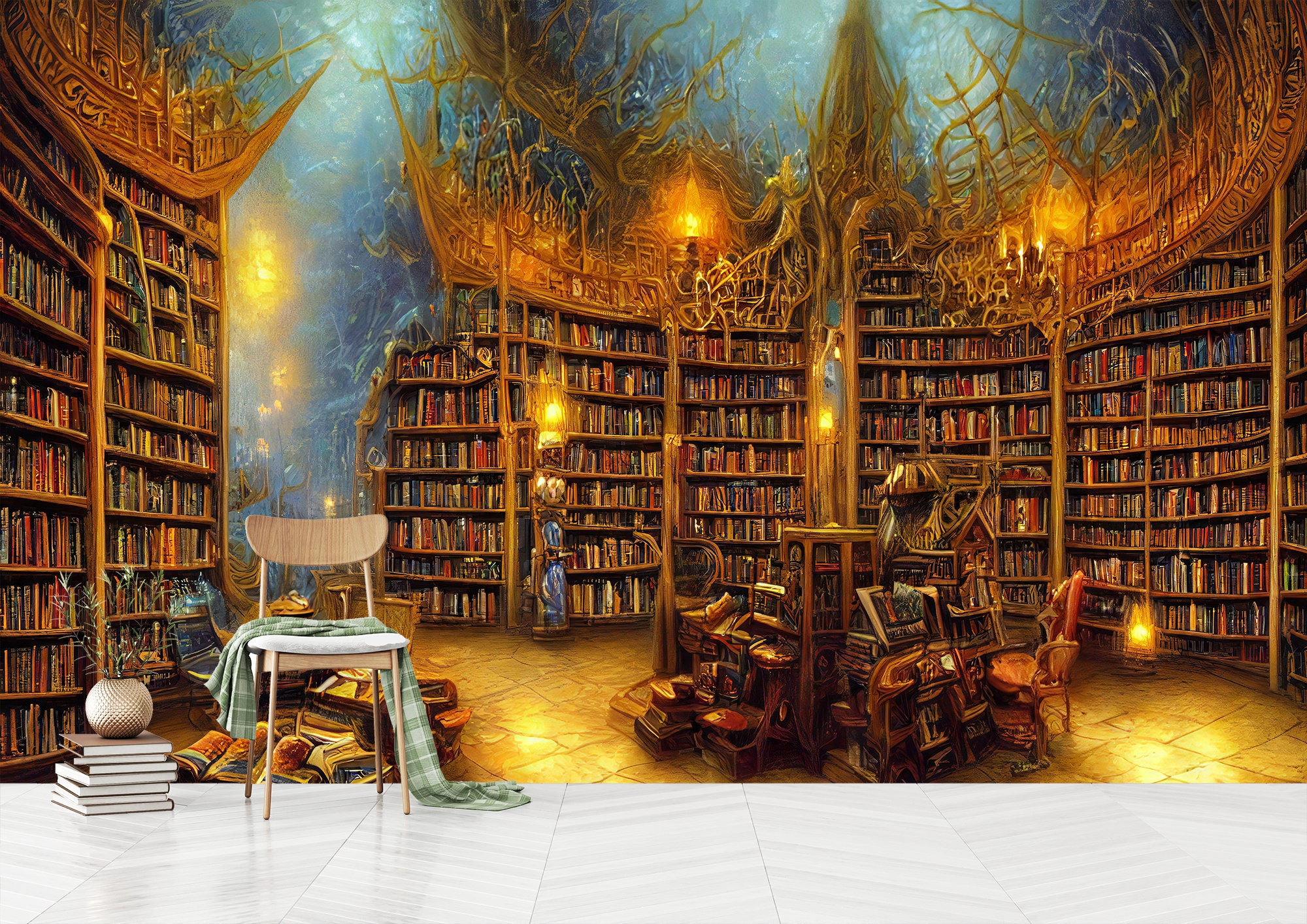 Old Fantasy Library Full of Magical Books, Removable Wallpaper, Washable, Wallpaper, Wall Mural, Peel and Stick