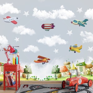 Papel tapiz de avión, pueblo de dibujos animados en acuarela, mural de pared para habitación de bebé despegable y pegable