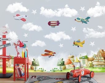 Airplane Nursery Wallpaper Mural, Boy Nursery Decor Retro Planes ...
