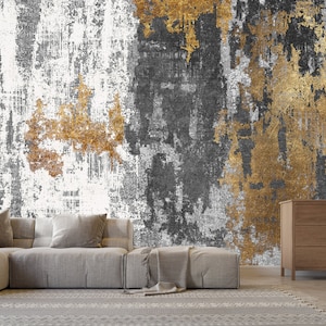 Betonoptik Tapete, zerkratzte Tapete Gold, Blau-Gold Tapete, Abstrakte Gold Tapete