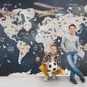 Kinder Karte Tapete, Schälen und Aufkleben Weltkarte Wandbild, Weltkarte Tiere Kinderzimmer Tapetendesign