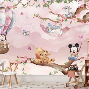 May include: A whimsical mural featuring Disney characters in a pink and white color scheme. Minnie Mouse rides in a hot air balloon, while Winnie the Pooh, Tigger, and Mickey Mouse are perched on tree branches. Butterflies and a castle add to the fairytale theme.