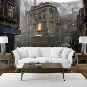 May include: A white sofa and dark brown coffee table sit on a white rug in front of a mural of a rainy street scene. Two lamps with white shades sit on side tables. The mural depicts buildings and a street lamp.