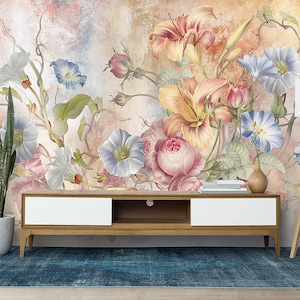 Peony Floral Wallpaper Peel and Stick | Watercolor Colorful Flower Bouquet with Gold Details Wall Mural | Watercolor Floral Art Wallpaper