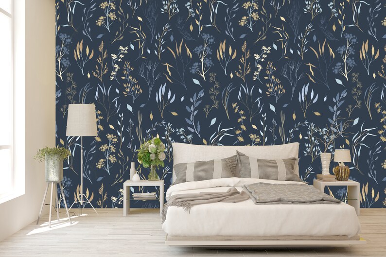 Dark Blue Wallpaper Gold Color Twigs Wallpaper Vintage Navy Etsy